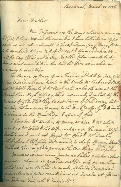 Letter from John Wesley to Charles Wesley (1736)